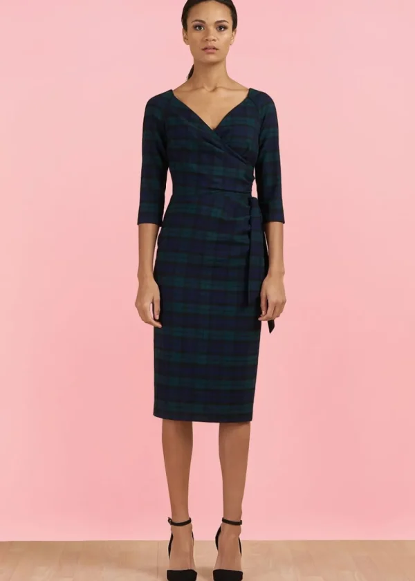 Pretty Dress Company Hourglass Tartan Pencil Dress Green & Navy