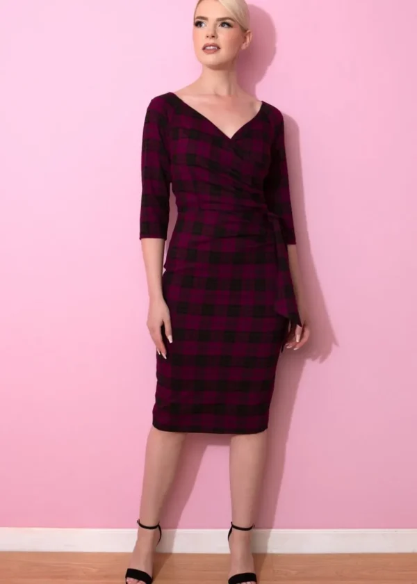Pretty Dress Company Hourglass Tartan Pencil Dress Berry