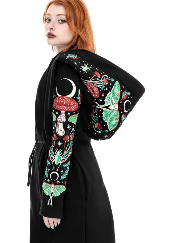 Restyle Autumnal Equinox Moth Mushroom Embroidery Hoodie Black