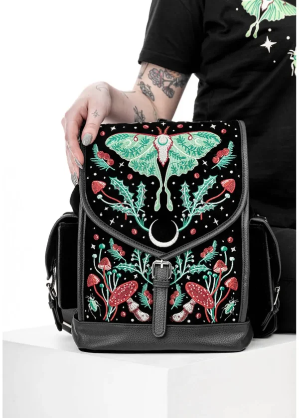 Restyle Autumnal Equinox Moth Mushroom Embroidery Backpack Black