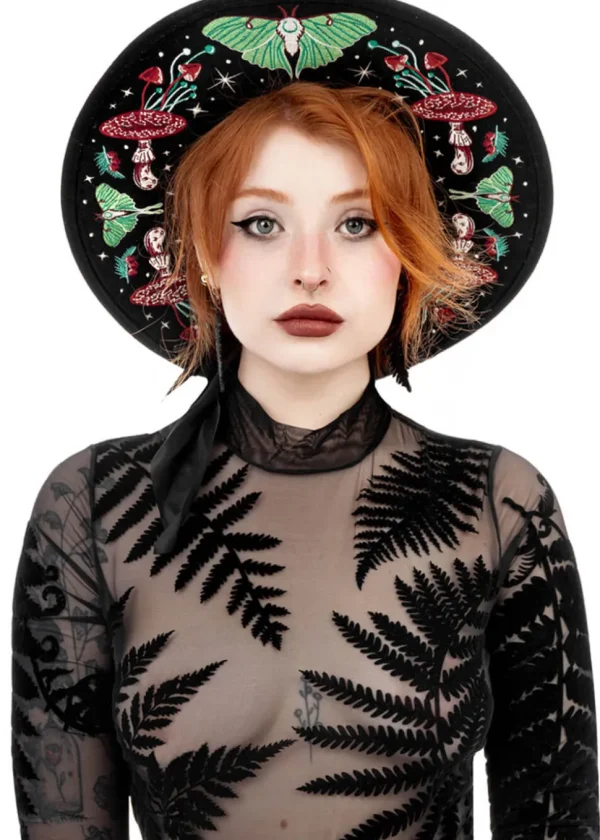 Restyle Autumnal Equinox Moth Mushroom Embroidery Hat Black