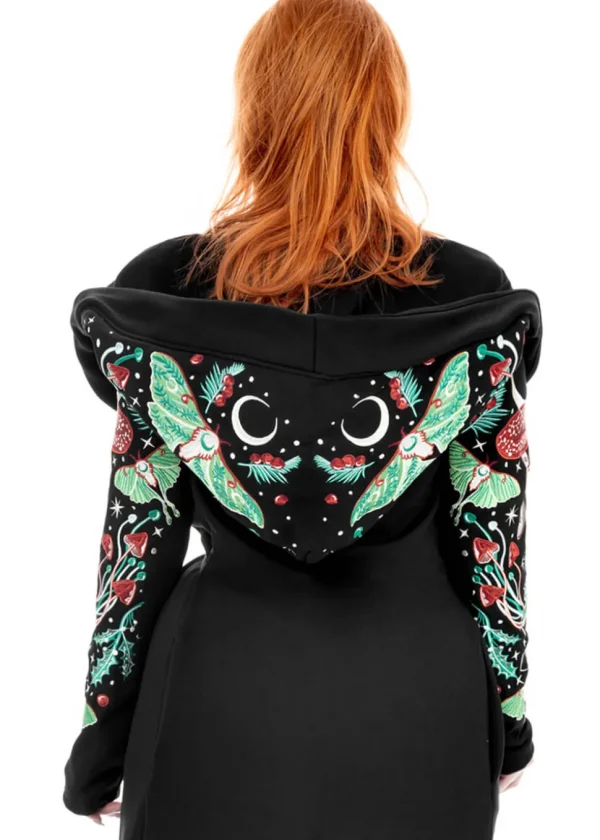 Restyle Autumnal Equinox Moth Mushroom Embroidery Hoodie Black