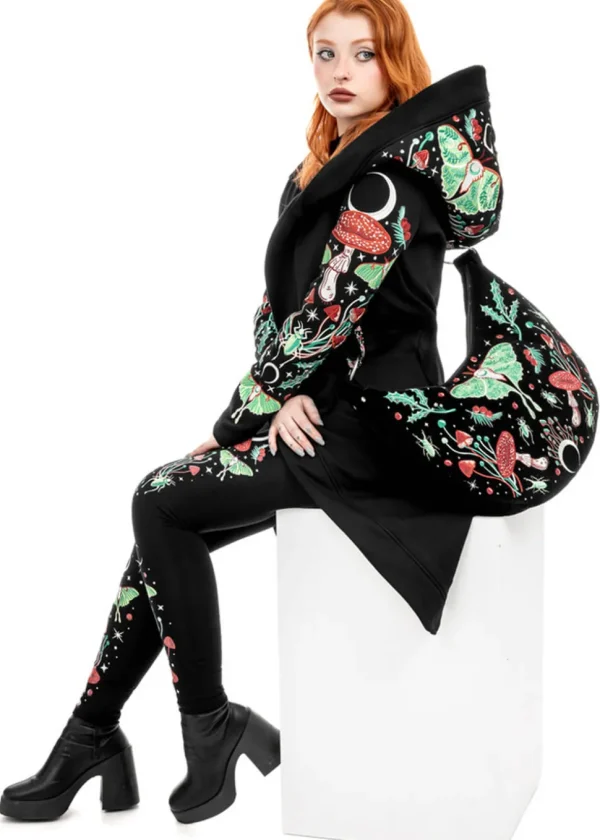 Restyle Autumnal Equinox Moth Mushroom Embroidery Hobo Bag Black