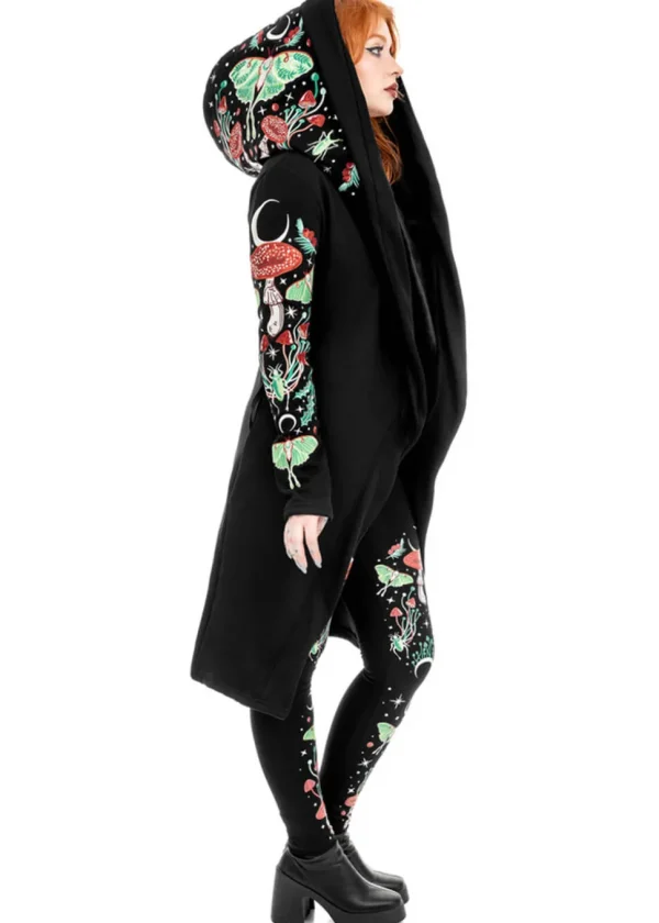 Restyle Autumnal Equinox Moth Mushroom Embroidery Hoodie Black