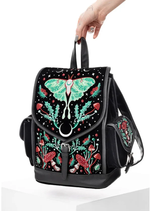 Restyle Autumnal Equinox Moth Mushroom Embroidery Backpack Black