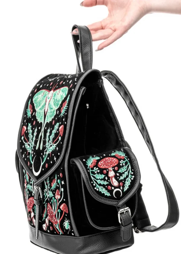 Restyle Autumnal Equinox Moth Mushroom Embroidery Backpack Black