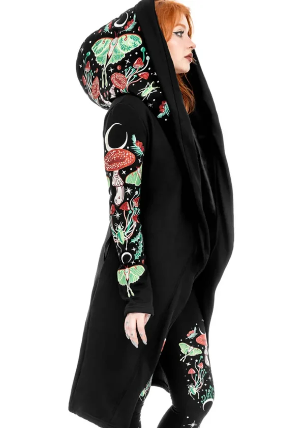 Restyle Autumnal Equinox Moth Mushroom Embroidery Hoodie Black