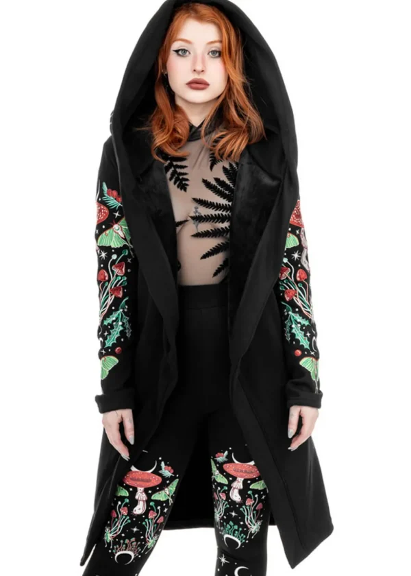 Restyle Autumnal Equinox Moth Mushroom Embroidery Hoodie Black