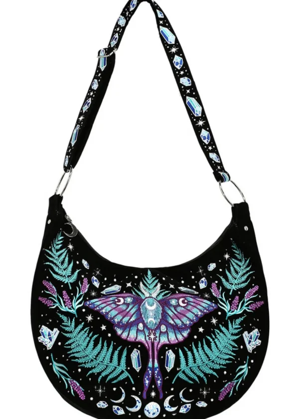Restyle Enchanted Forest Moth Fern Embroidery Hobo Bag Black