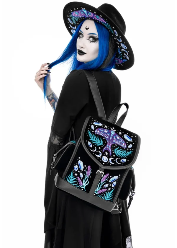 Restyle Enchanted Forest Moth Fern Embroidery Backpack Black