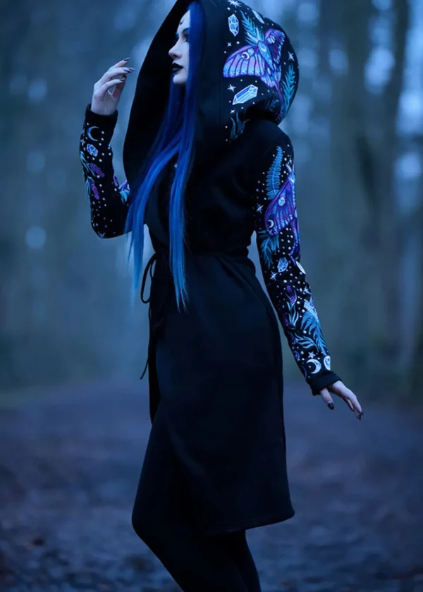 Restyle Enchanted Forest Moth Fern Embroidery Hoodie Black