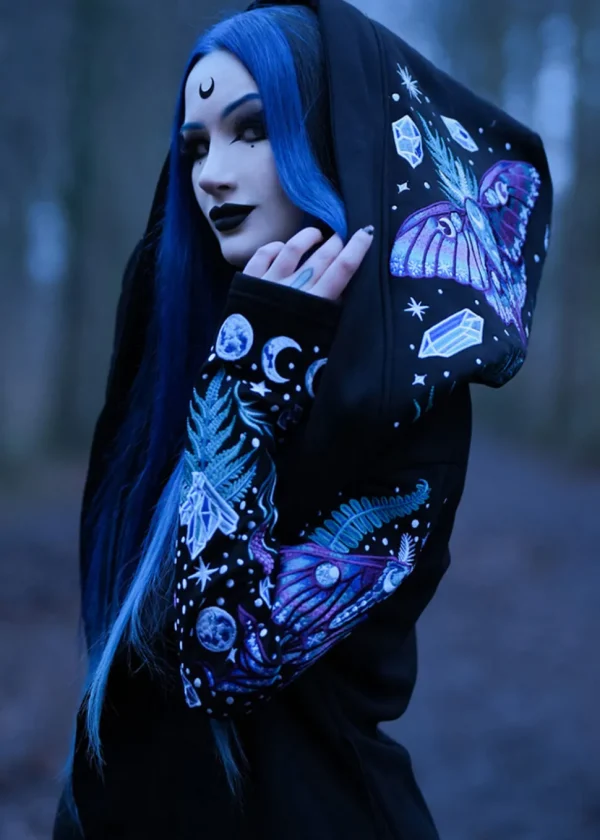 Restyle Enchanted Forest Moth Fern Embroidery Hoodie Black