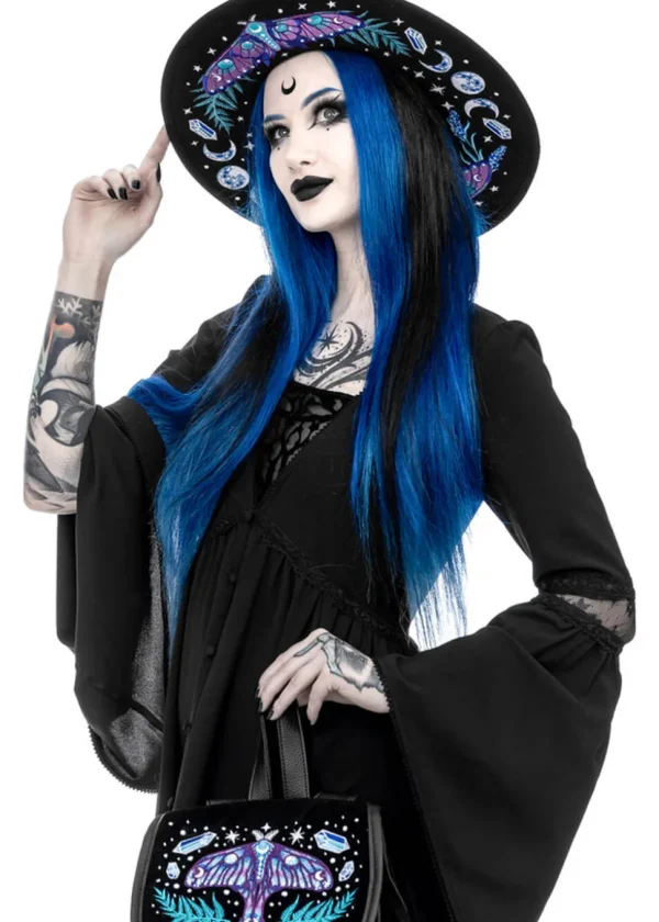 Restyle Enchanted Forest Moth Fern Embroidery Hat Black