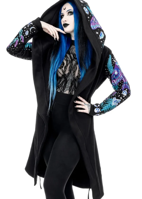 Restyle Enchanted Forest Moth Fern Embroidery Hoodie Black