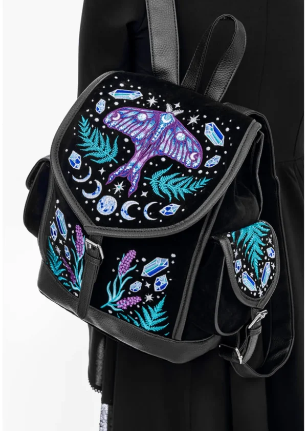 Restyle Enchanted Forest Moth Fern Embroidery Backpack Black