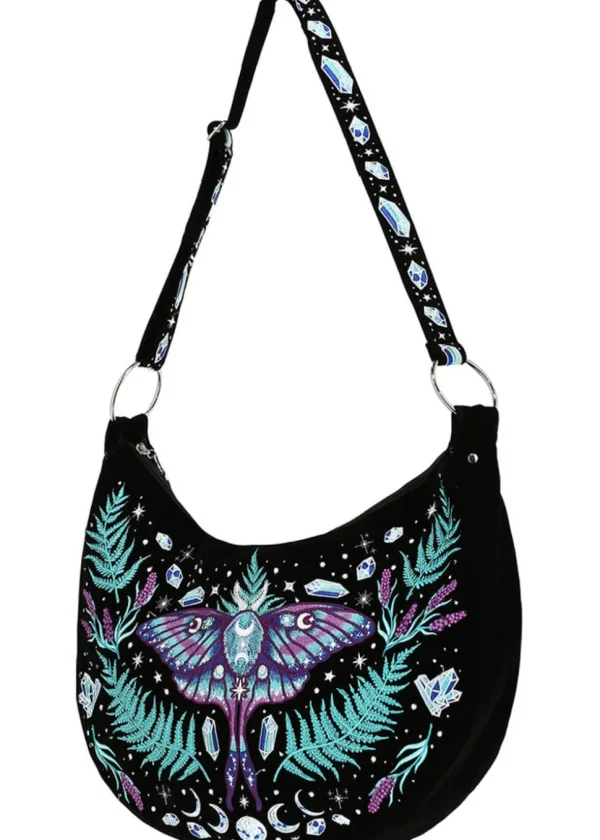 Restyle Enchanted Forest Moth Fern Embroidery Hobo Bag Black