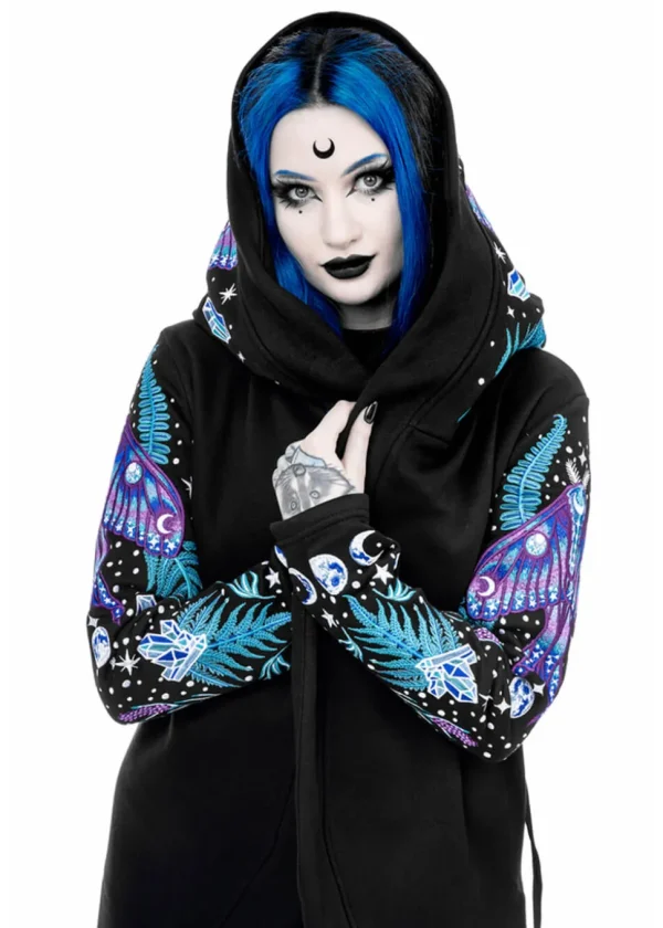 Restyle Enchanted Forest Moth Fern Embroidery Hoodie Black