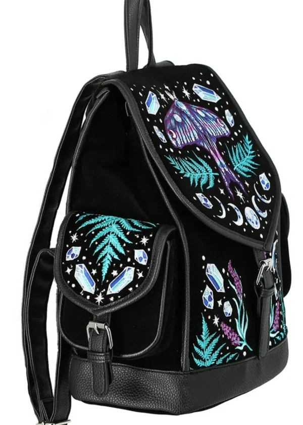 Restyle Enchanted Forest Moth Fern Embroidery Backpack Black