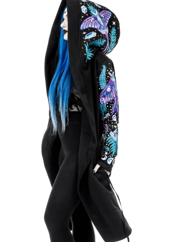 Restyle Enchanted Forest Moth Fern Embroidery Hoodie Black