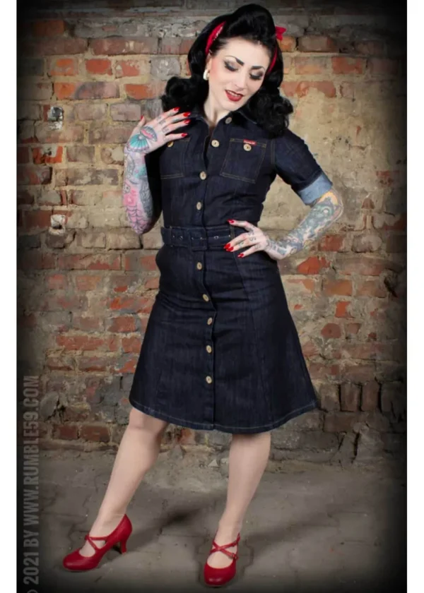 Rumble59 Rockabilly Denim A-Line Dress Navy