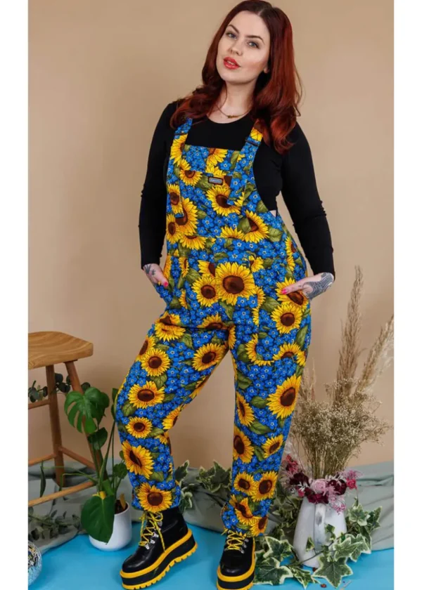 Run & Fly Forget Me Not Sunflowers 70's Dungarees Blue