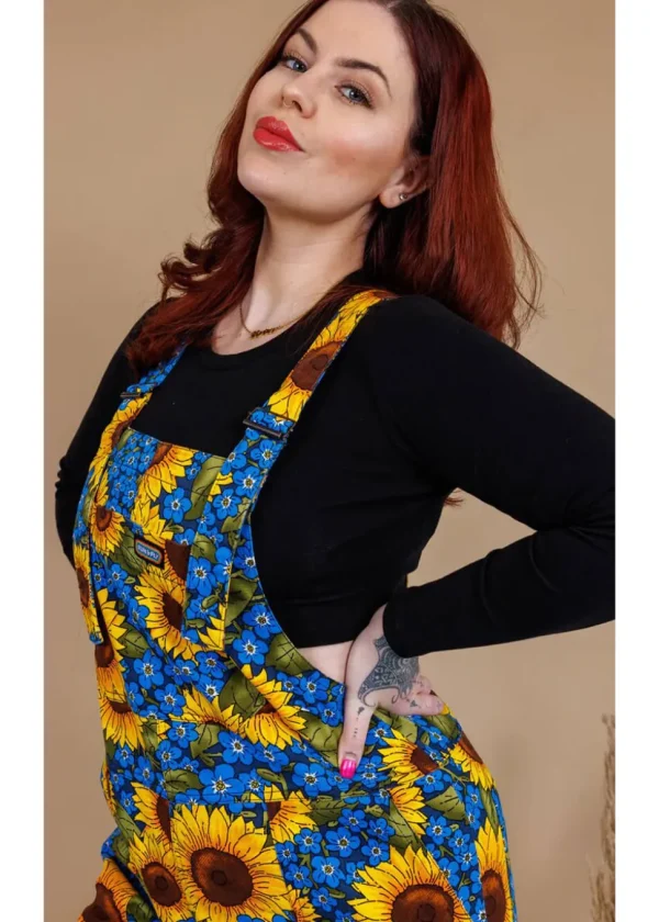 Run & Fly Forget Me Not Sunflowers 70's Dungarees Blue