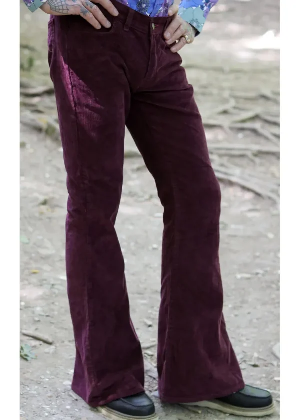 Run & Fly Mens Corduroy 70's Flare Trousers Burgundy