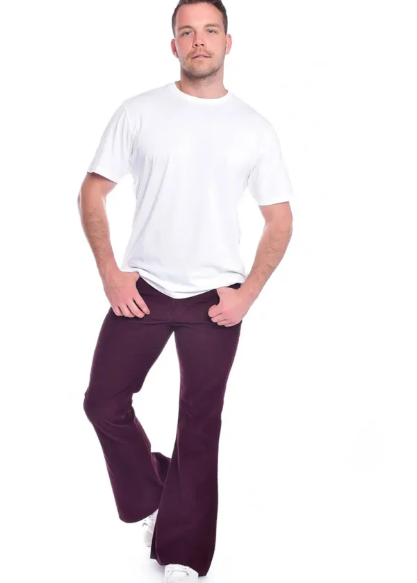 Run & Fly Mens Corduroy 70's Flare Trousers Burgundy