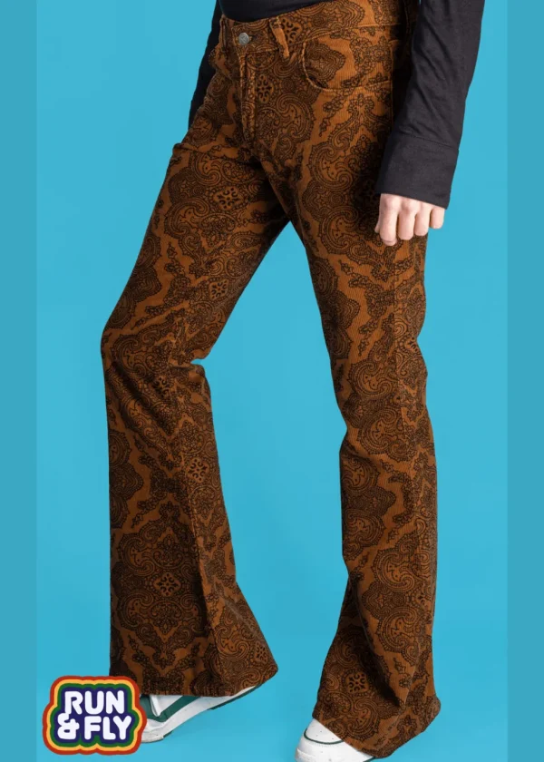 Run & Fly Mens Hendrix Corduroy 70's Flared Trousers Tobacco Brown