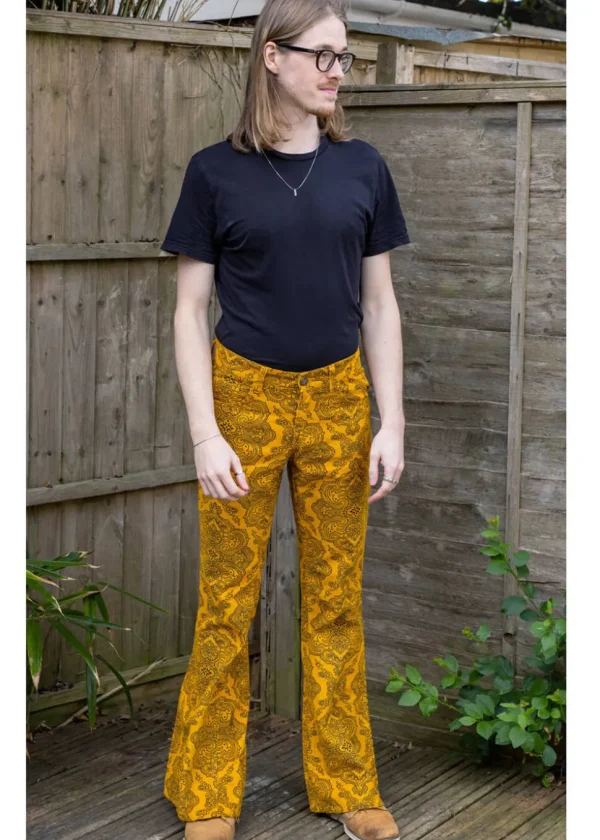 Run & Fly Mens Hendrix Corduroy 70's Flare Trousers Gold