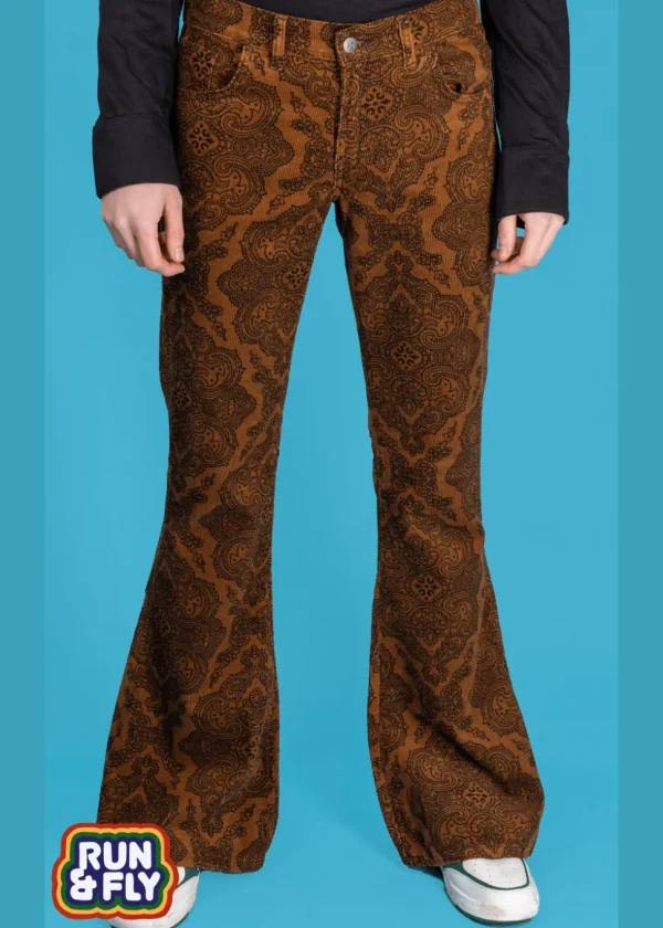 Run & Fly Mens Hendrix Corduroy 70's Flared Trousers Tobacco Brown