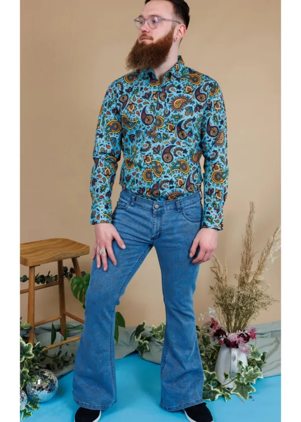 Run & Fly Mens Hendrix Stone Wash 70's Flare Trousers Denim