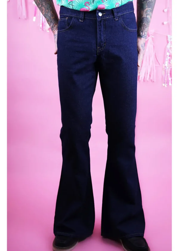 Run & Fly Mens Indigo Denim 70's Flared Trousers Blue