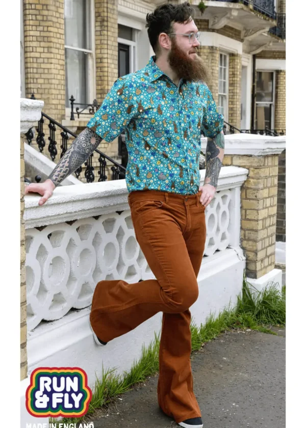Run & Fly Mens Originals Corduroy Bootcut 70's Flare Trousers Tobacco
