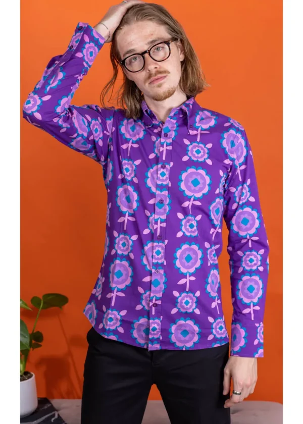 Run & Fly Mens Retro Floral 70's Shirt Purple