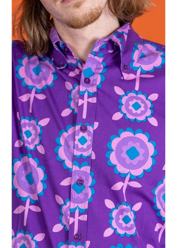 Run & Fly Mens Retro Floral 70's Shirt Purple