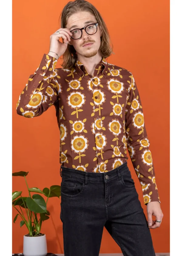 Run & Fly Mens Retro Floral 70's Shirt Brown
