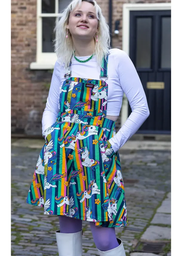 Run & Fly Unicorn Stripes Pinafore 70's Swing Dress Multi