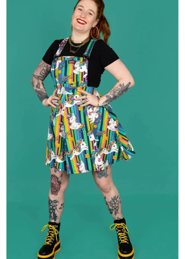 Run & Fly Unicorn Stripes Pinafore 70's Swing Dress Multi