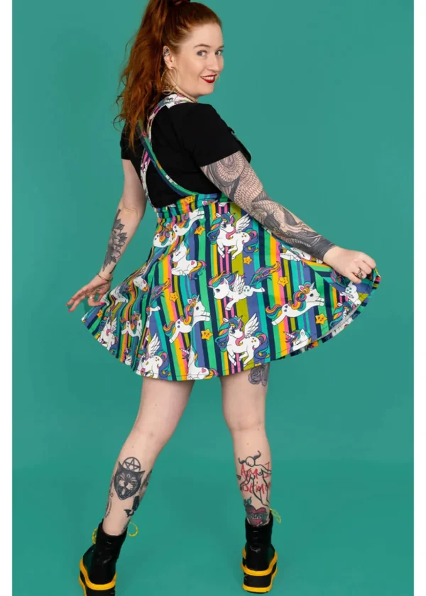 Run & Fly Unicorn Stripes Pinafore 70's Swing Dress Multi