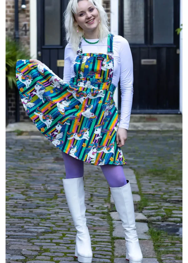 Run & Fly Unicorn Stripes Pinafore 70's Swing Dress Multi