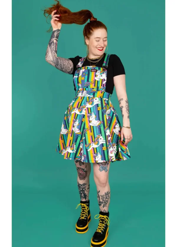 Run & Fly Unicorn Stripes Pinafore 70's Swing Dress Multi