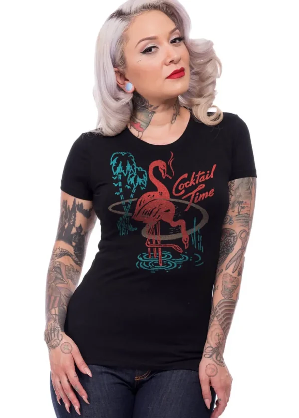 Steady Clothing Cocktail Time Flamingo Girly T-Shirt Black