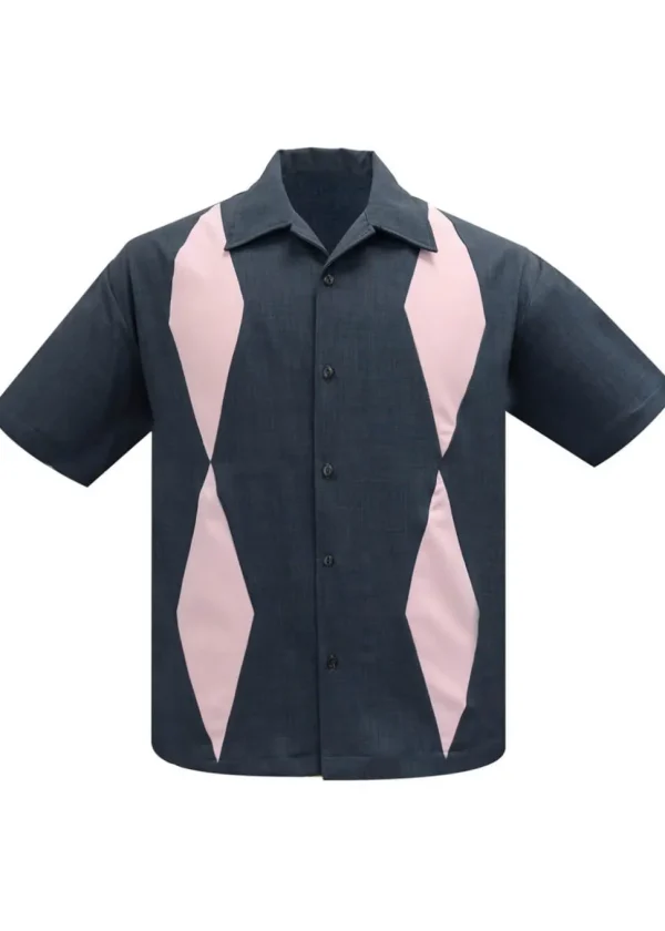 Steady Clothing Mens Diamond Duo Bowling Shirt Charcoal Pink