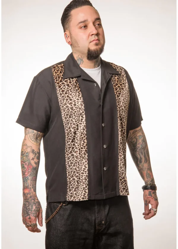 Steady Clothing Mens Leopard Panel Button Up Shirt Black