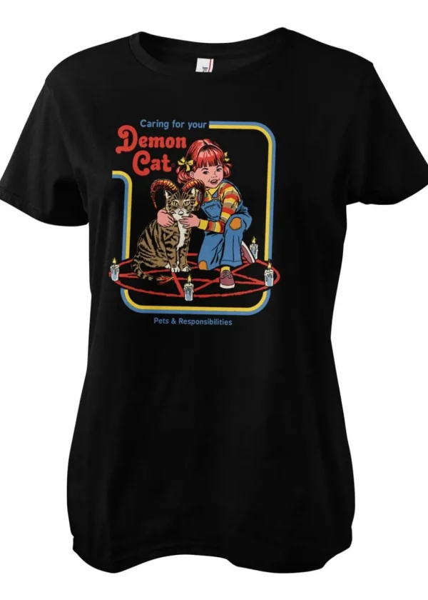 Steven Rhodes Caring For Your Demon Cat Girly T-Shirt Black