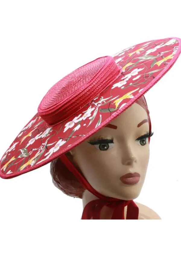 Succubus Fancy Cartwheel Floral 50's Strawhat Red