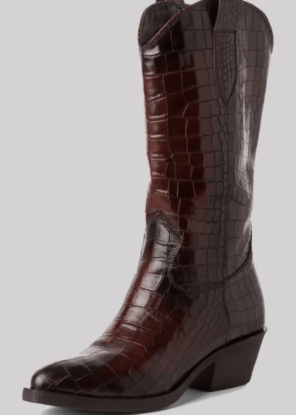 Tamaris Rosie Croc Leren Cowboy Boots Brown