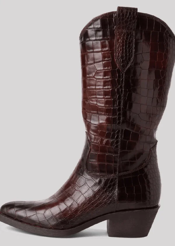 Tamaris Rosie Croc Leren Cowboy Boots Brown