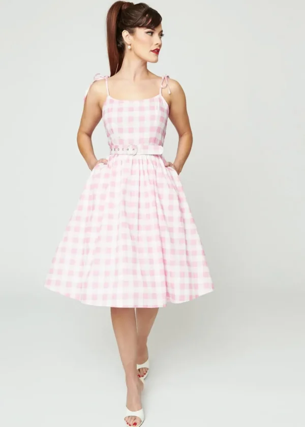Unique Vintage Bobbie Gingham 50's Swing Dress Pink White